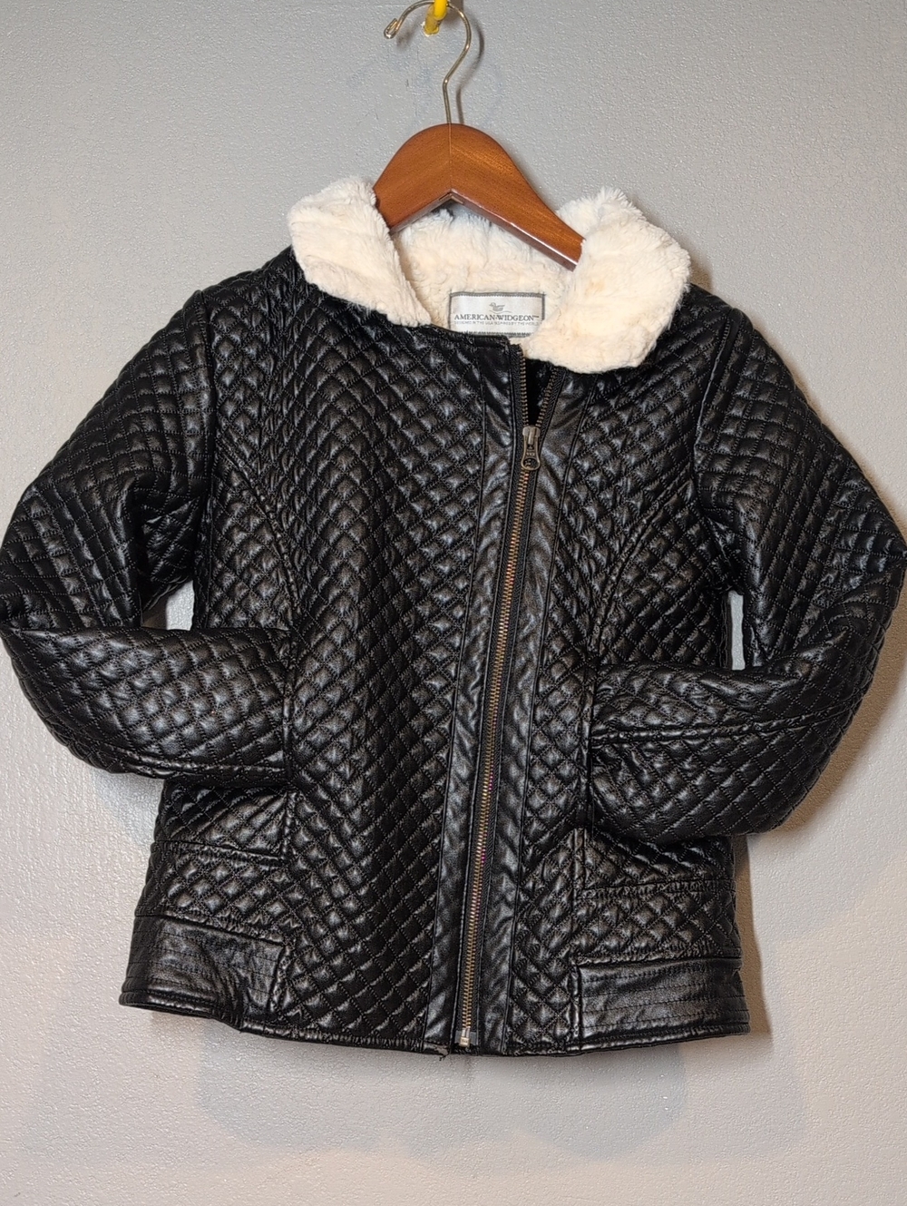 American Widgeon Kids Vegan Leather Biker Coat Black Quilted Fur Trim 10